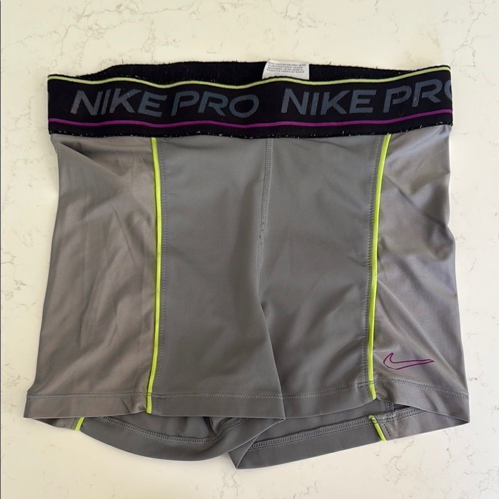 Nike Pro Gray Shorts with Neon and Purple Accents
